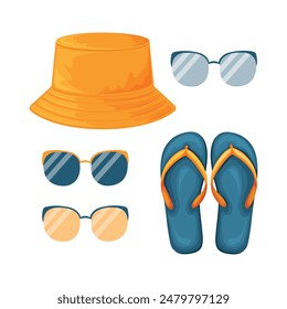 Accesorios de playa. Un conjunto de artículos de playa como un traje de baño, chanclas, gafas de sol y un sombrero de playa. Ropa para unas vacaciones en la playa. Ilustración vectorial.