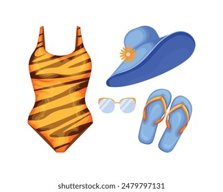 Beach accessories. A set of beach items such as a swimsuit, flip-flops, sunglasses and a beach hat. Clothes for a beach holiday. Vector illustration.