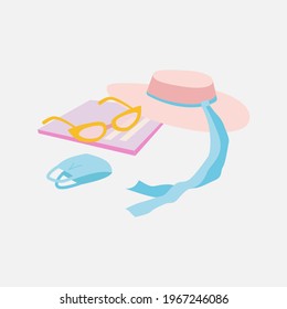 Beach accessories. Beach set pink hat with blue ribbon, yellow sunglasses, blue medical mask, pink magazine. Vacation in a pandemic. Flat summer illustration.