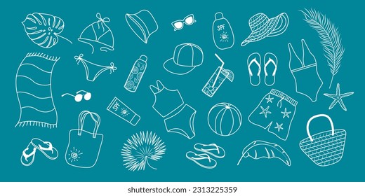 Beach accessories set. White outline vacation elements. Background with doodle summer accessory