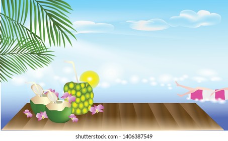 beach accessories for summer holidays on wooden table by the sea - เวกเตอร์