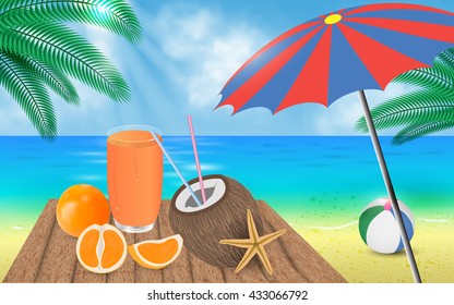 beach accessories for summer holidays on wooden table by the sea