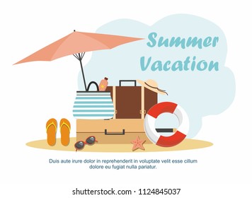 Beach Accessories and Summer luggage on the beach. Summer sale Vector illustration
