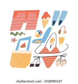 Beach accessories for summer vacation. Summer items on white background, isolated. Flat style, vector.