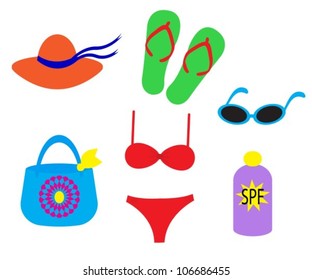 beach accessories: sunglasses, beach bag, swimsuit, sunscreen, hat, flip-flops.