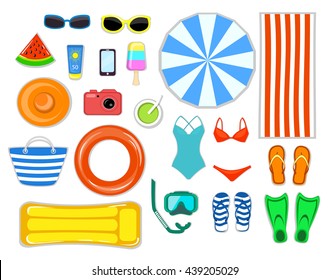 Beach Accessories top flat lay view. Striped towel, umbrella, flip flops, flippers, float ring, snorkeling mask, beach bag, sunglasses, sun cream, hat, camera, cocktail, ice cream, watermelon, float