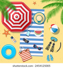 Beach Accessories top lay view on sand. Striped towel, umbrella, flip flops, flippers, float ring, snorkeling mask, bag, sunglasses, sun cream, hat, watermelon Vector illustration in flat style