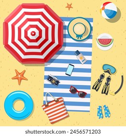 Accesorios de playa vista superior sobre la arena. Toalla a rayas, paraguas, chanclas, aletas, anillo de flotador, máscara de snorkeling, bolso, gafas de sol, crema solar, sombrero, Ilustración vectorial de sandía en estilo plano