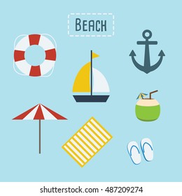 Beach Accessories umbrella, sail, anchor, lifebuoy, coconut, flipflop.beach towel Flat design.