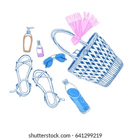 Beach, accessories. Vector hand-drawn sketch.