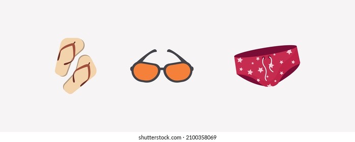 Iconos vectoriales de accesorios de playa aislados en fondo blanco. Vacaciones de verano pictograma de recreación marítima de zapatillas, pantalones cortos, gafas en diseño plano.