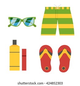 Beach accessories vector icons isolated on white background. Summer holidays sea recreation pictogram of slippers, shorts, suncream and sun glasses in flat design.