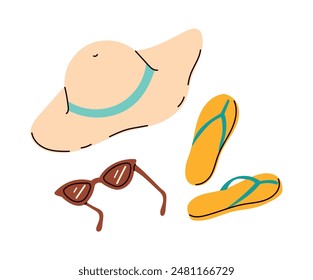 Beach accessories vector icons Summer holidays sea recreation hat, sunscreen, glasses, slippers - Powered by Shutterstock - Get 15% off with code: PIKWIZARD15