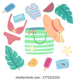 Strandzubehör, Vektorset. Sommerelemente einzeln auf weißem Hintergrund. Illustration für Symbole, Aufkleber, Poster, Banner.