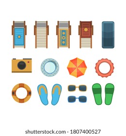 Beach accessory. Isolated summer resort recreation item. Vacation time beach accessory set on white. Vector umbrella, deck chair, flip flop, inflatable ring, camera, glasses, air mattress illustration