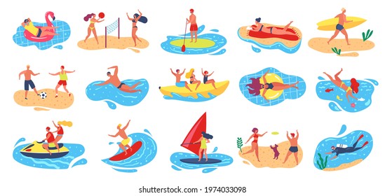 Beach activities. Active man and woman surfing, windsurfing, swimming, scuba diving. Summer vacation outdoor water sport activity vector set. Characters playing volleyball, football, sunbathing