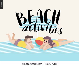 Beach activities calligraphy with sunbathing young couple - a vector cartoon brush lettering Beach Activities, boy and girl under the umbrella on the beach sand on striped plaid