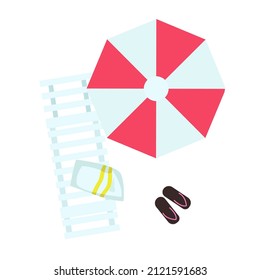 Beach activities equipment semi flat color vector object. Full sized item on white. Sunshade umbrella and chaise longue simple cartoon style illustration for web graphic design and animation