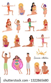 Beach activities flat art summer collection. Vector illustration of different people in swimming suit, bikini.