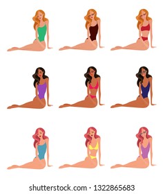 Beach activities flat art summer collection. Vector illustration of female character in swimming suit, bikini and sunglasses.