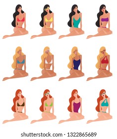 Beach activities flat art summer collection. Vector illustration of female character in swimming suit, bikini and sunglasses.