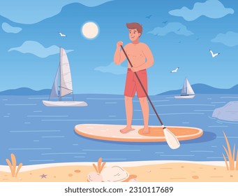 Beach activities flat cartoon with man surfing on sup board vector illustration