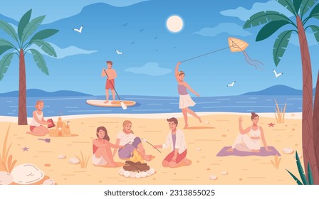 Beach activities flat cartoon with people resting on summer seashore vector illustration