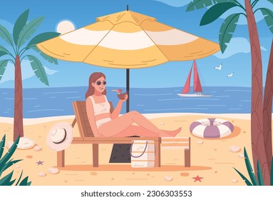 Beach activities flat cartoon with woman taking sun bath vector illustration