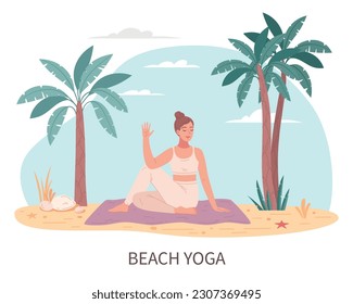Beach activities flat cartoon with woman doing yoga on seashore vector illustration
