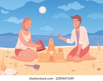 Beach activities flat cartoon with young couple building sand castle vector illustration