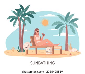 Beach activities flat cartoon with young woman during sunbathing on summer seashore vector illustration