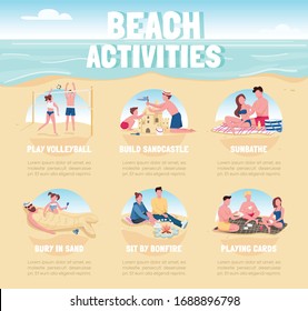 Beach activities flat color vector informational infographic template. Summer recreation poster, booklet, PPT page concept design with cartoon characters. Advertising flyer, leaflet, info banner idea