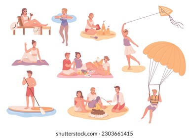 Beach activities flat icons set with summer rest seashore scenes isolated vector illustration