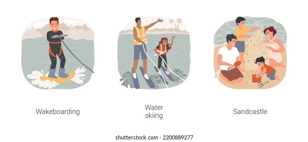 Beach activities isolated cartoon vector illustration set. Wakeboarding school, extreme watersport, water skiing together, seaside resort activity, family building sandcastle vector cartoon.