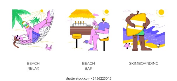 Beach activities isolated cartoon vector illustrations set. Young woman sunglasses lying in a hammock, luxury resort, happy man drinking beer at beach bar, skimboarding at the sea vector cartoon.