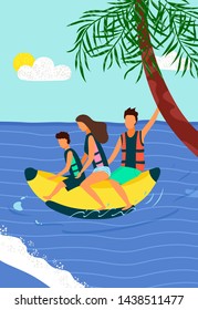 Beach activities on tropical resort, family riding on inflatable banana on sea, water splashes. Mother, father and son leisure, extreme recreation sport