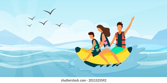 Beach activities on tropical resort, family riding on inflatable banana on sea. Mother, father and son leisure, extreme recreation sport during vacation near ocean. Summer recreation, pastime at sea