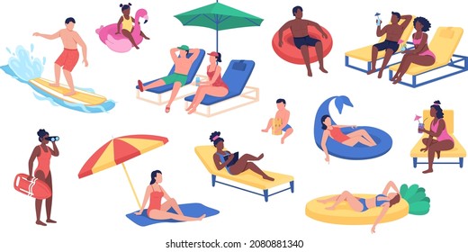 Beach activities semi flat color vector character set. Posing figures. Full body people on white. Summer isolated modern cartoon style illustration for graphic design and animation collection