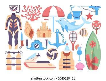 Beach activities set. Collection of summer holiday stuff. Diving suit and surfing board, beach sport equipment. Active leisure on the beach concept. Flat vector illustration.