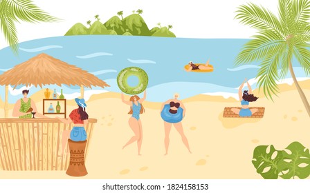 Beach activities in summer at sea vacations vector illustration. Leisure in water and on sand. People in beach bar and stall with icecream, swimming, sunbathing, doing yoga. Holiday resort.