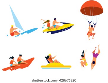 Beach activities. Summer water fun. Happy people having fun. Sea vacation. Happy holiday. Outdoor leisure.