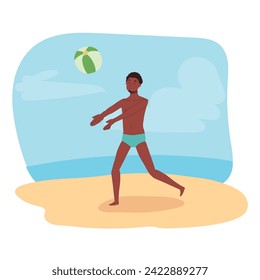 Beach Activity concept. man Enjoying Beachball Game. Joyful man Playing with Beachball