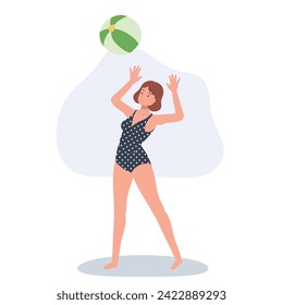 Beach Activity concept. Woman Enjoying Beachball Game. Joyful Woman Playing with Beachball
