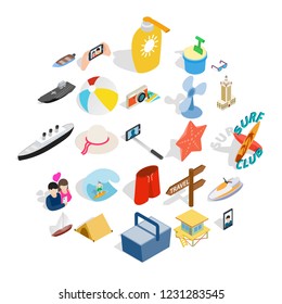 Beach activity icons set. Isometric set of 25 beach activity vector icons for web isolated on white background