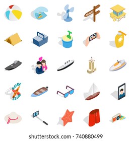 Beach activity icons set. Isometric set of 25 beach activity vector icons for web isolated on white background