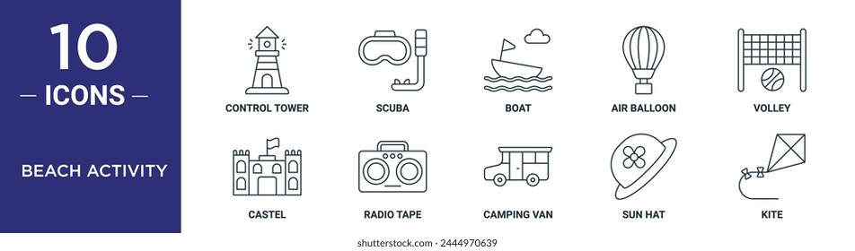 beach activity outline icon set includes thin line control tower, scuba, boat, air balloon, volley, castel, radio tape icons for report, presentation, diagram, web design