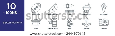 beach activity outline icon set includes thin line rugby ball, water melon, sea, sand bucket, ice cream, store, gas cylinder icons for report, presentation, diagram, web design