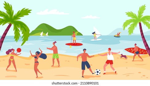 Beach Activity People Sport Games, Activities Near Sea. Vector Beach Game, Summer Fun And Activity, People At Holiday Illustration