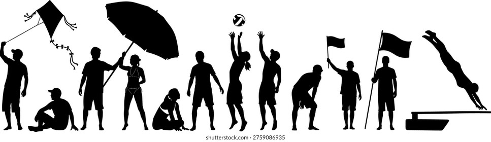 Beach activity silhouettes vector set featuring people flying kite playing volleyball holding flags diving and relaxing under umbrella, summer vacation lifestyle illustration isolated background