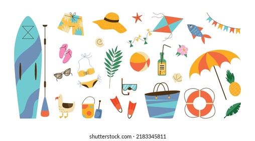 Beach activity and summer sea vacation set of accessories and sport supplies, flat cartoon vector illustration isolated on white background. Items for beach rest.